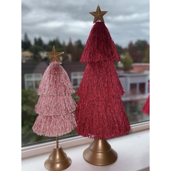 The Unbranded Brand Other - Pink Christmas Trees Set 2 Tassel Fringe Gold Base Tabletop Holiday Decor